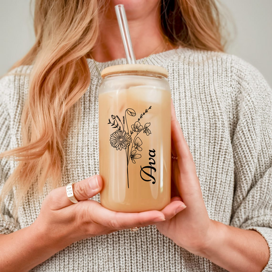 Personalized Birth Flower Sipper Glass, Custom Name Tumbler, Gifts for Her, Bridesmaid Proposal Gift, Graduation Present, Floral Cup,