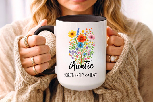 Auntie Mug 11 oz and 15 oz Personalized Gift for Aunt Cute Coffee Cup for Her Custom Name Present for Birthday Baby Reveal