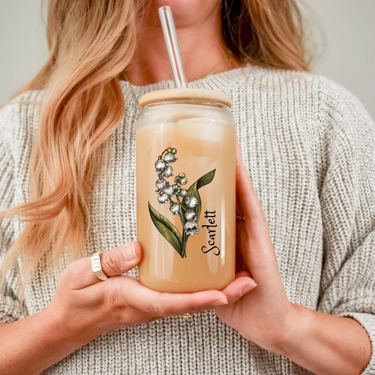 Sipper Glass, 16oz - Lily May Birth Flower, Floral Drinking Cup for Birthday Gift, Botanical Decor, Personalized Glassware, Unique Present,
