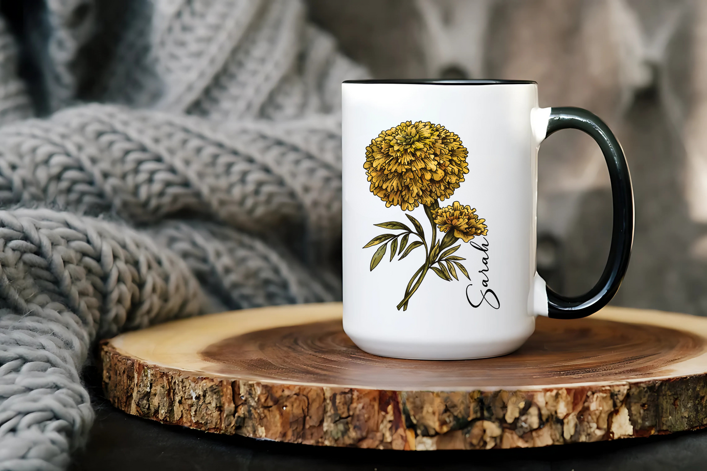 October Birth Flower Marigold Mug 11oz 15oz Personalized Floral Coffee Cup Birthday Gift for Her Custom Ceramic Autumn Flower Mug