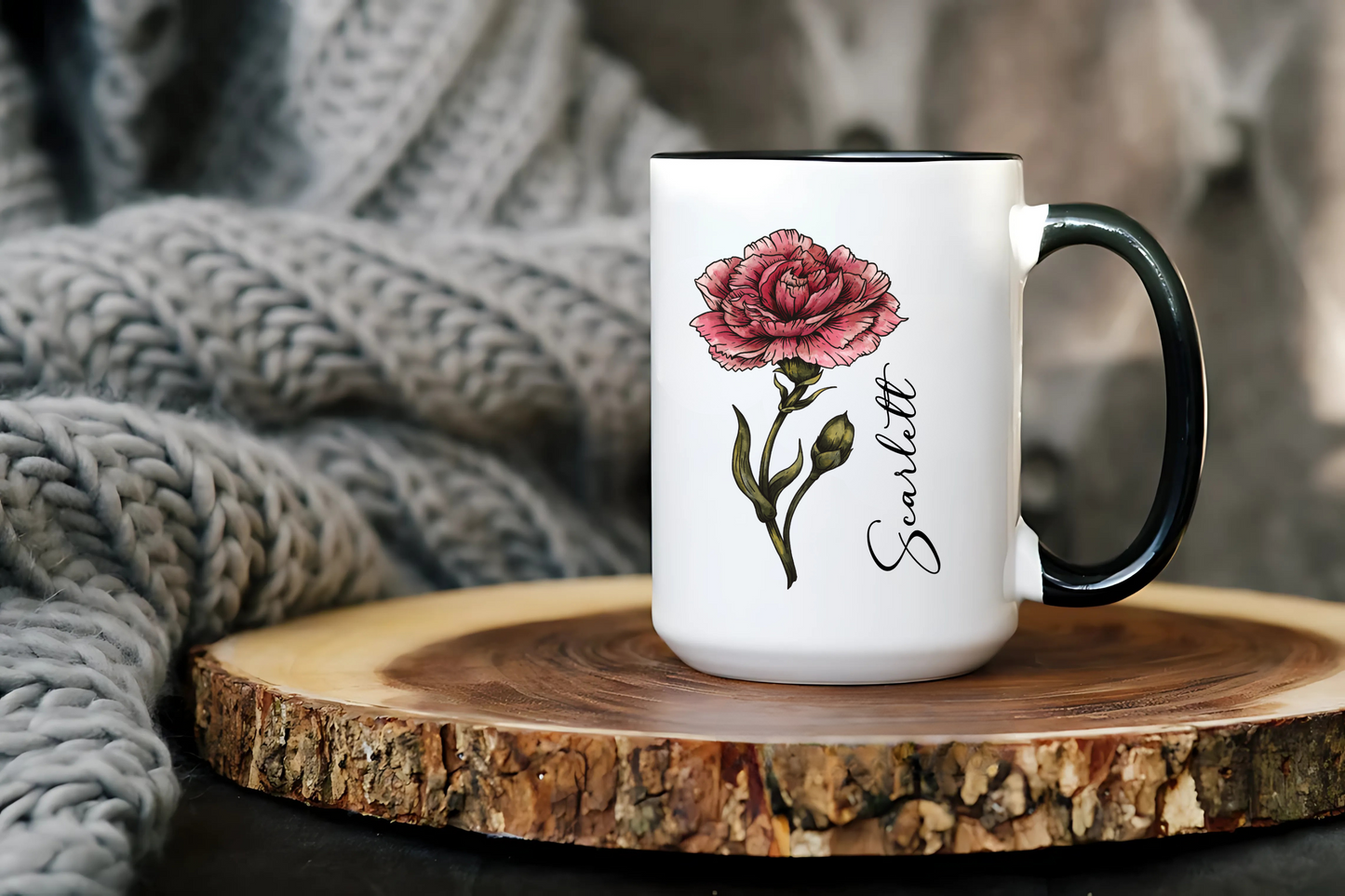 January Birth Flower Carnation Mug 11oz 15oz Personalized Floral Coffee Cup Birthday Gift for Her Ceramic Flower Name Custom Mug