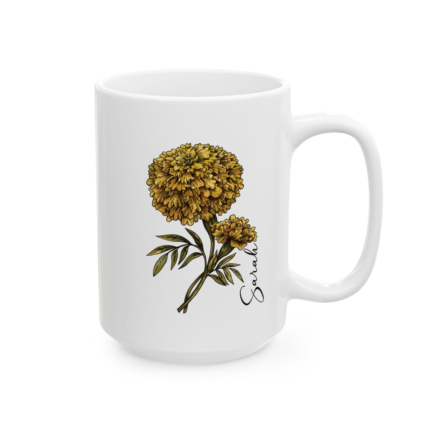October Birth Flower Marigold Mug 11oz 15oz Personalized Floral Coffee Cup Birthday Gift for Her Custom Ceramic Autumn Flower Mug