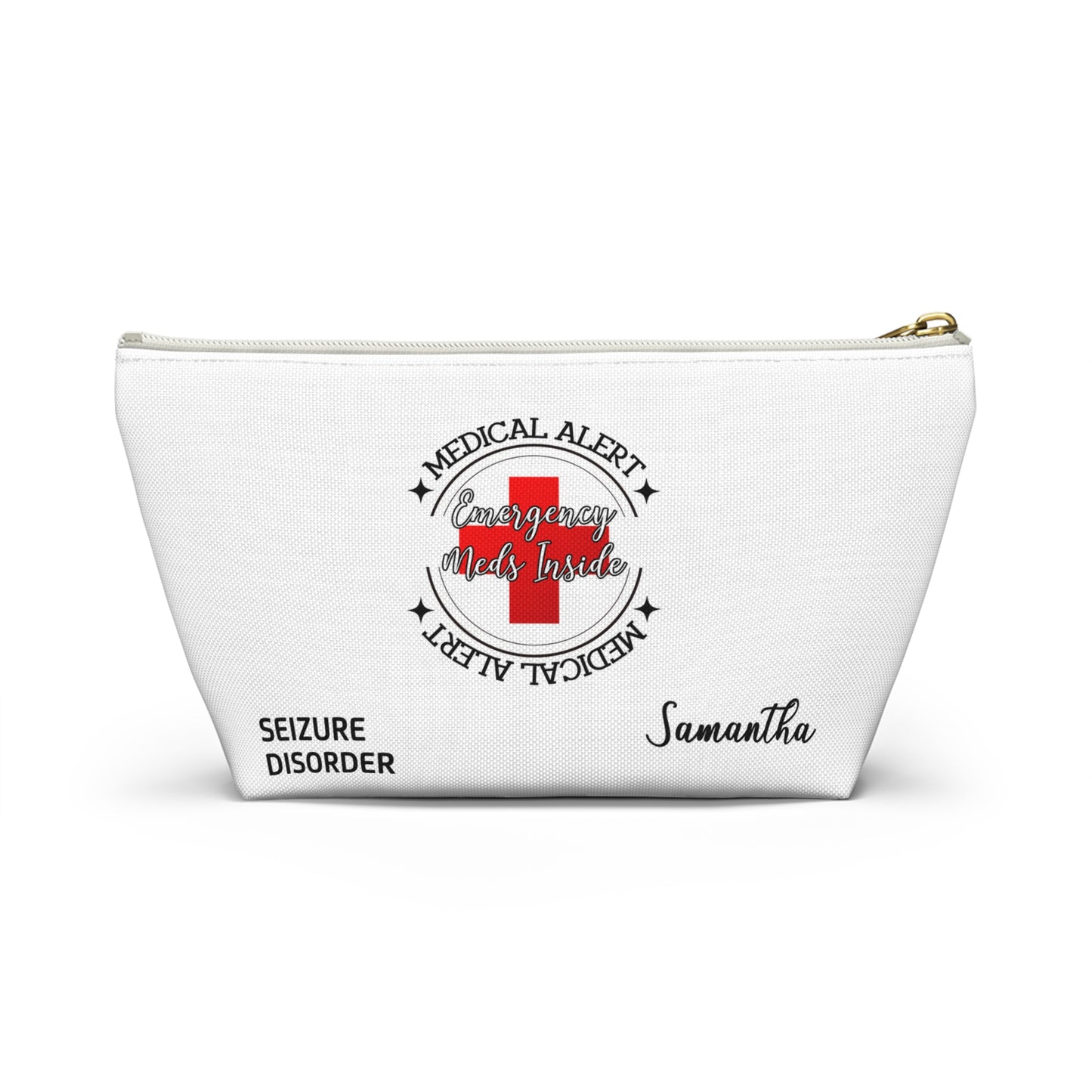 Personalized Medical Alert Seizure Disorder Emergency Meds Inside Accessory Pouch w T-bottom for Samantha