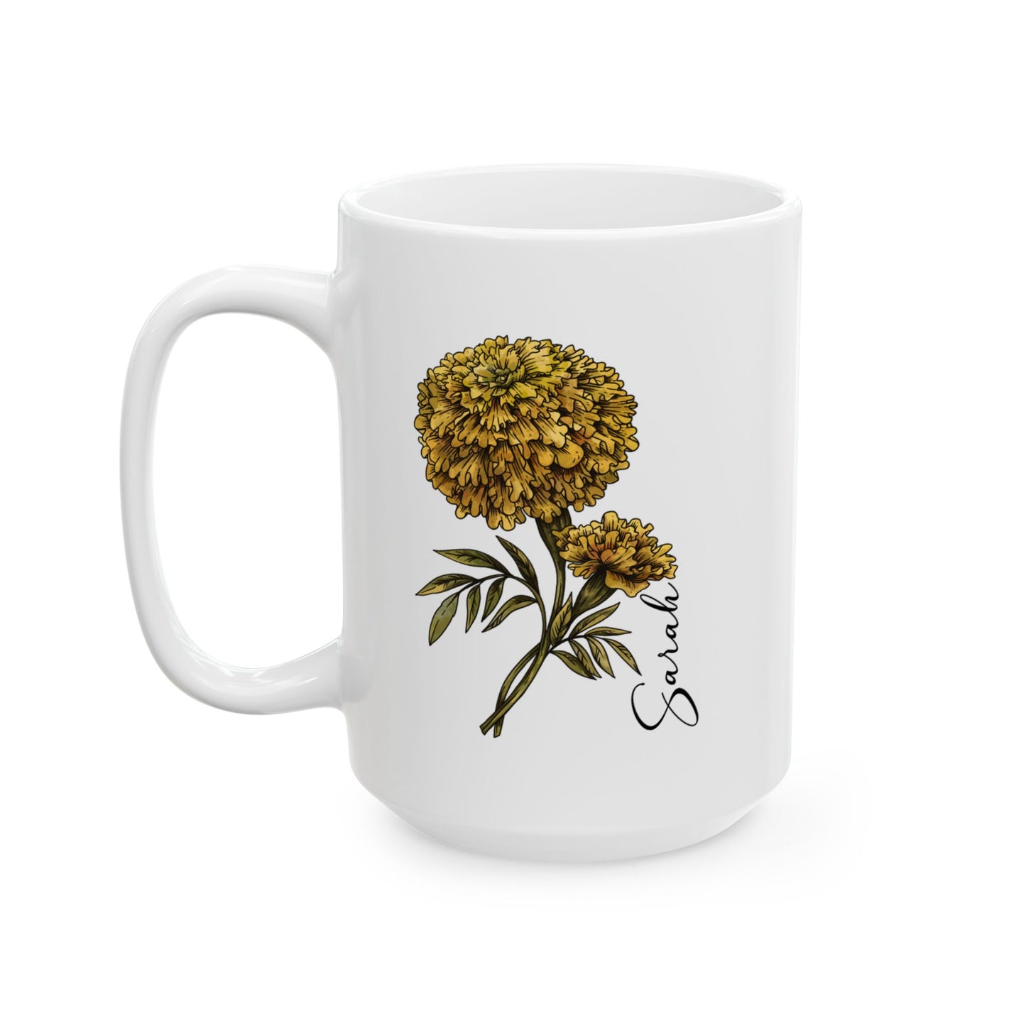October Birth Flower Marigold Mug 11oz 15oz Personalized Floral Coffee Cup Birthday Gift for Her Custom Ceramic Autumn Flower Mug