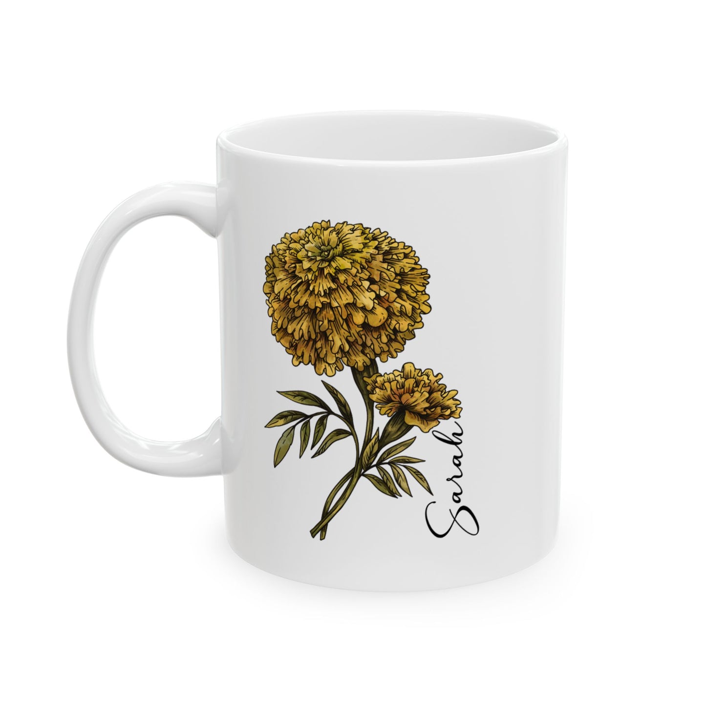 October Birth Flower Marigold Mug 11oz 15oz Personalized Floral Coffee Cup Birthday Gift for Her Custom Ceramic Autumn Flower Mug