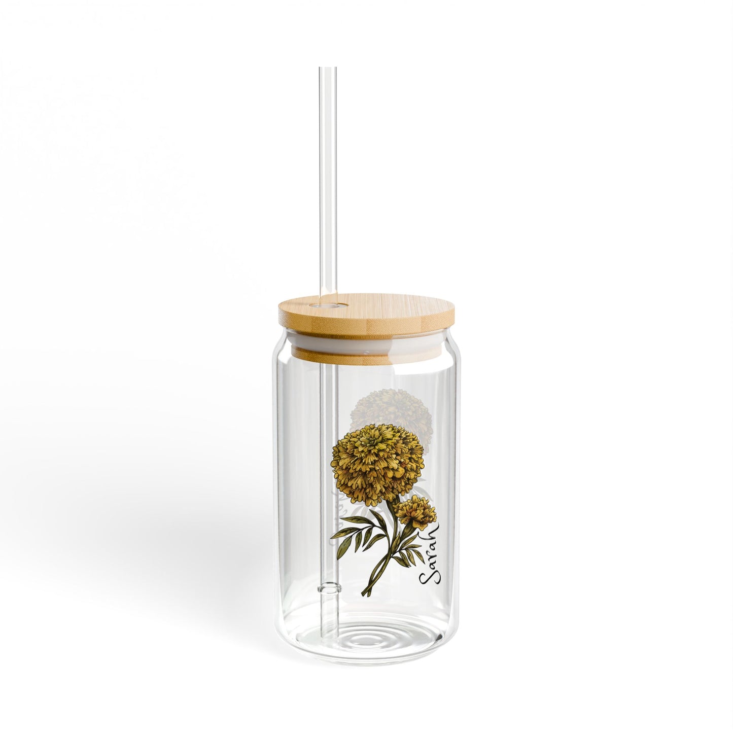 Sipper Glass, 16oz - Marigold October Birth Flower Drinkware, Floral Design, Birthday Gift, Home Decor, Gift for Her, Botanical Glassware