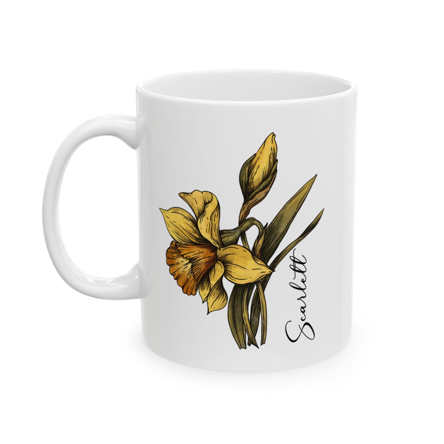 March Birth Flower Daffodil Mug 11oz 15oz Personalized Floral Coffee Cup Birthday Gift for Her Custom Ceramic Flower Name Mug