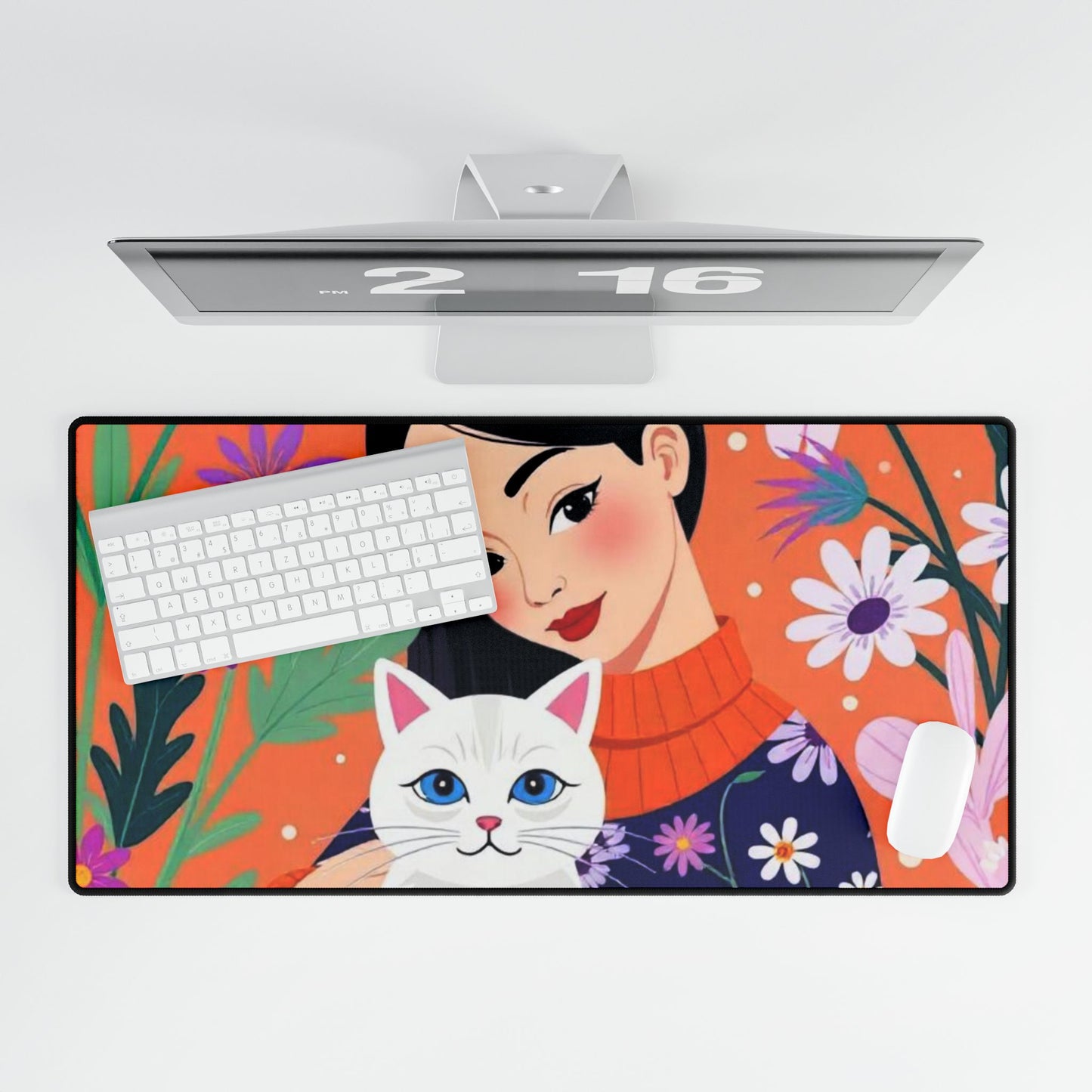 Floral Cat-Themed Desk Mats, Cute Home Office Accessories, Gift for Cat Lovers, Bright Workstation Decor, Pet Lover's Desk Decor