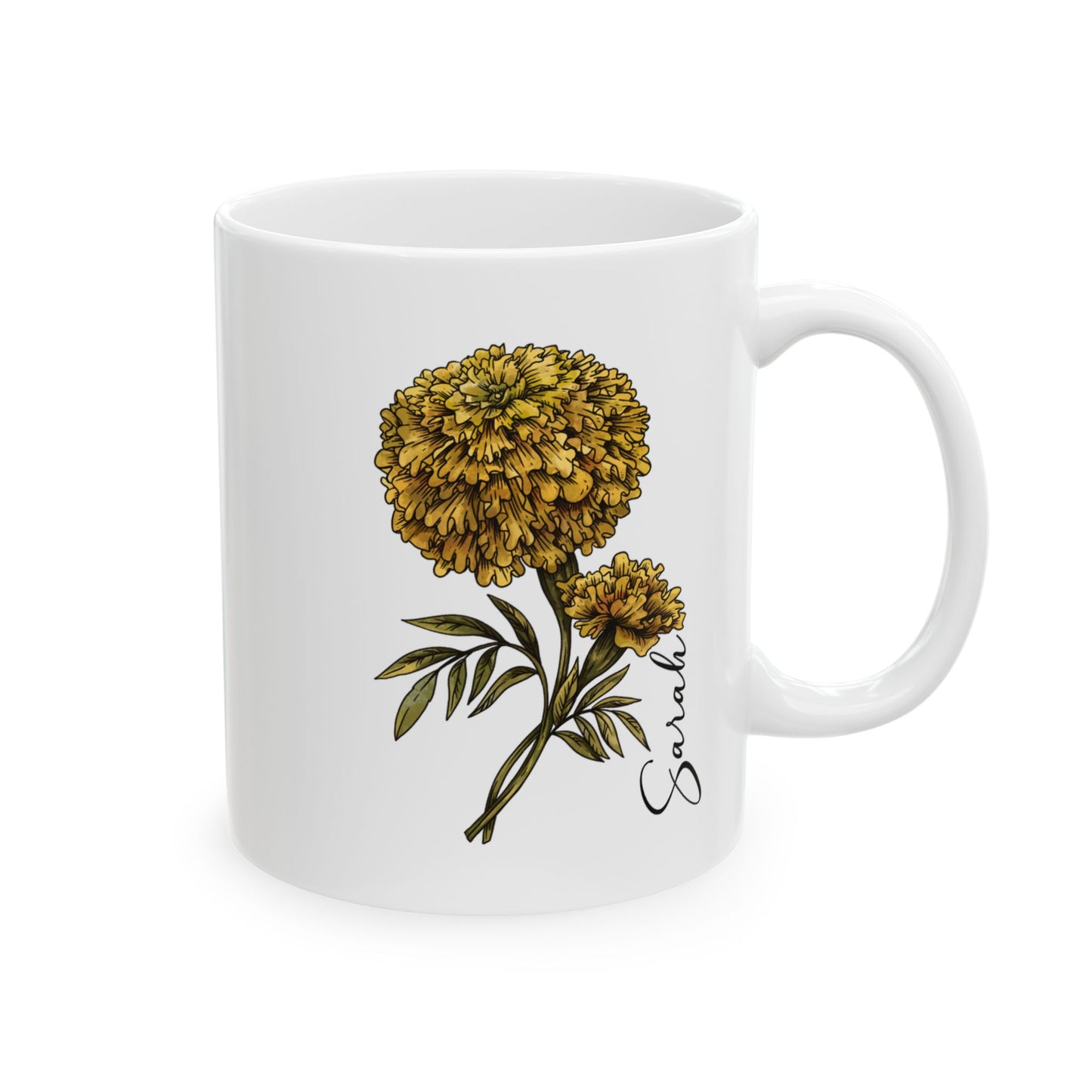 October Birth Flower Marigold Mug 11oz 15oz Personalized Floral Coffee Cup Birthday Gift for Her Custom Ceramic Autumn Flower Mug
