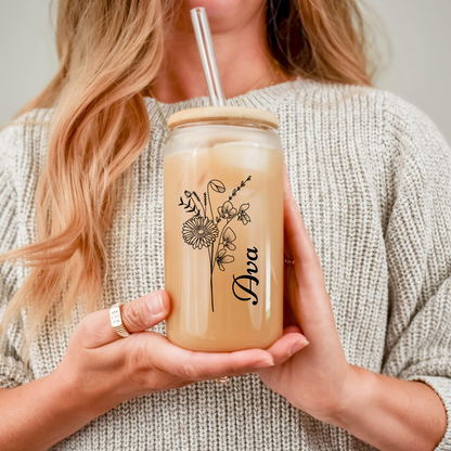 Personalized Birth Flower Sipper Glass, Custom Name Tumbler, Gifts for Her, Bridesmaid Proposal Gift, Graduation Present, Floral Cup,