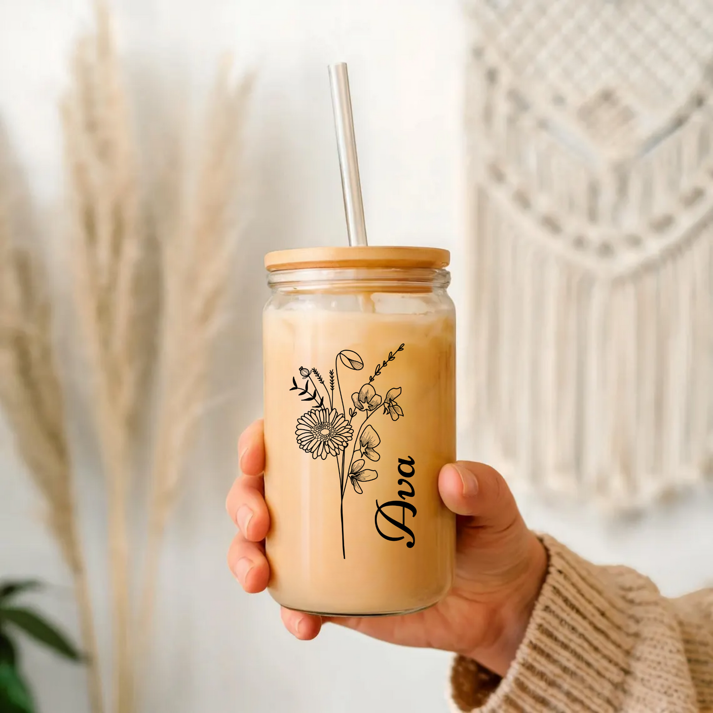 Personalized Birth Flower Sipper Glass, Custom Name Tumbler, Gifts for Her, Bridesmaid Proposal Gift, Graduation Present, Floral Cup,