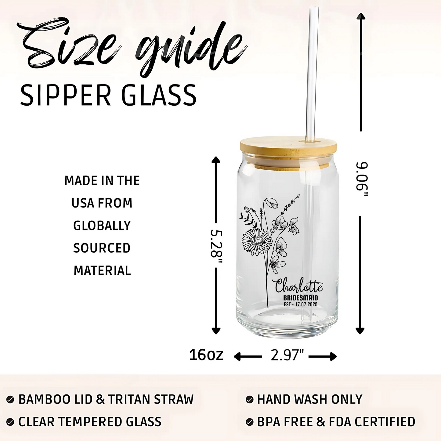 Personalized Bridesmaid Sipper, Custom Bridal Party Gift, Wedding Keepsake Cup, Bride Squad Sipper, Bridesmaid Proposal Gift, 16oz Glass