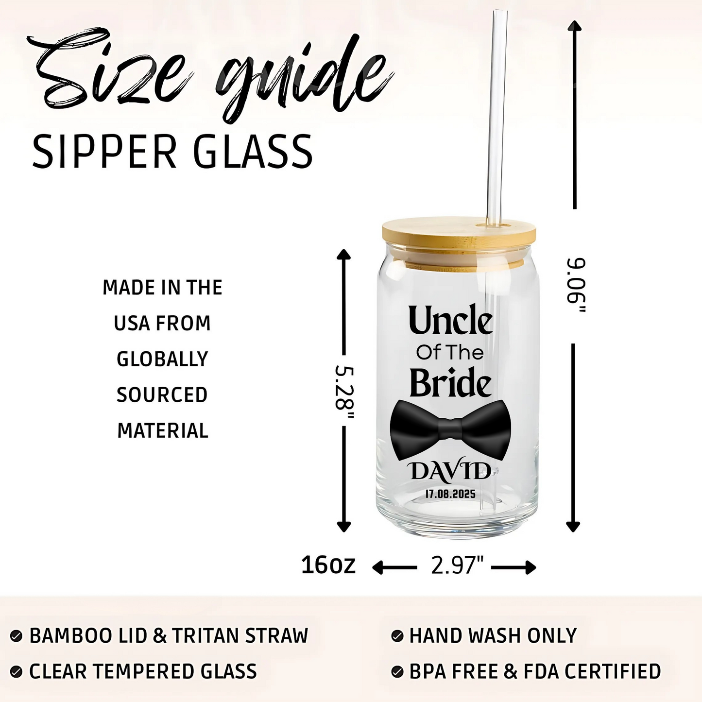 Uncle of the Bride Sipper, Personalized Wedding Gift, Bride Uncle Gift, Custom Wedding Keepsake, Family Celebration Cup, 16oz Glass