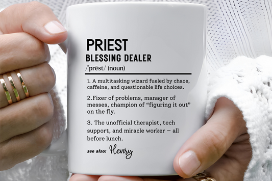 Custom Priest Dictionary Mug, Funny Blessing Dealer Mug, Universal Definition Mug Gift for Priest, Religious Gift Idea, Faith Leader Cup