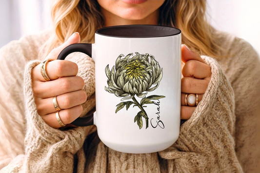 November Birth Flower Chrysanthemum Mug 11oz 15oz Personalized Floral Coffee Cup Birthday Gift for Her Ceramic Custom Name Mug
