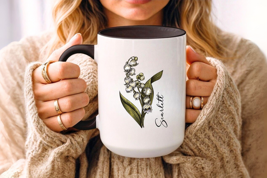 May Birth Flower Lily Mug 11oz 15oz Personalized Floral Coffee Cup Birthday Gift for Her Custom Ceramic Flower Name Mug