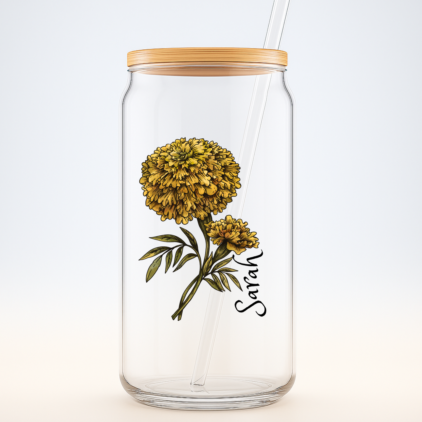 Sipper Glass, 16oz - Marigold October Birth Flower Drinkware, Floral Design, Birthday Gift, Home Decor, Gift for Her, Botanical Glassware