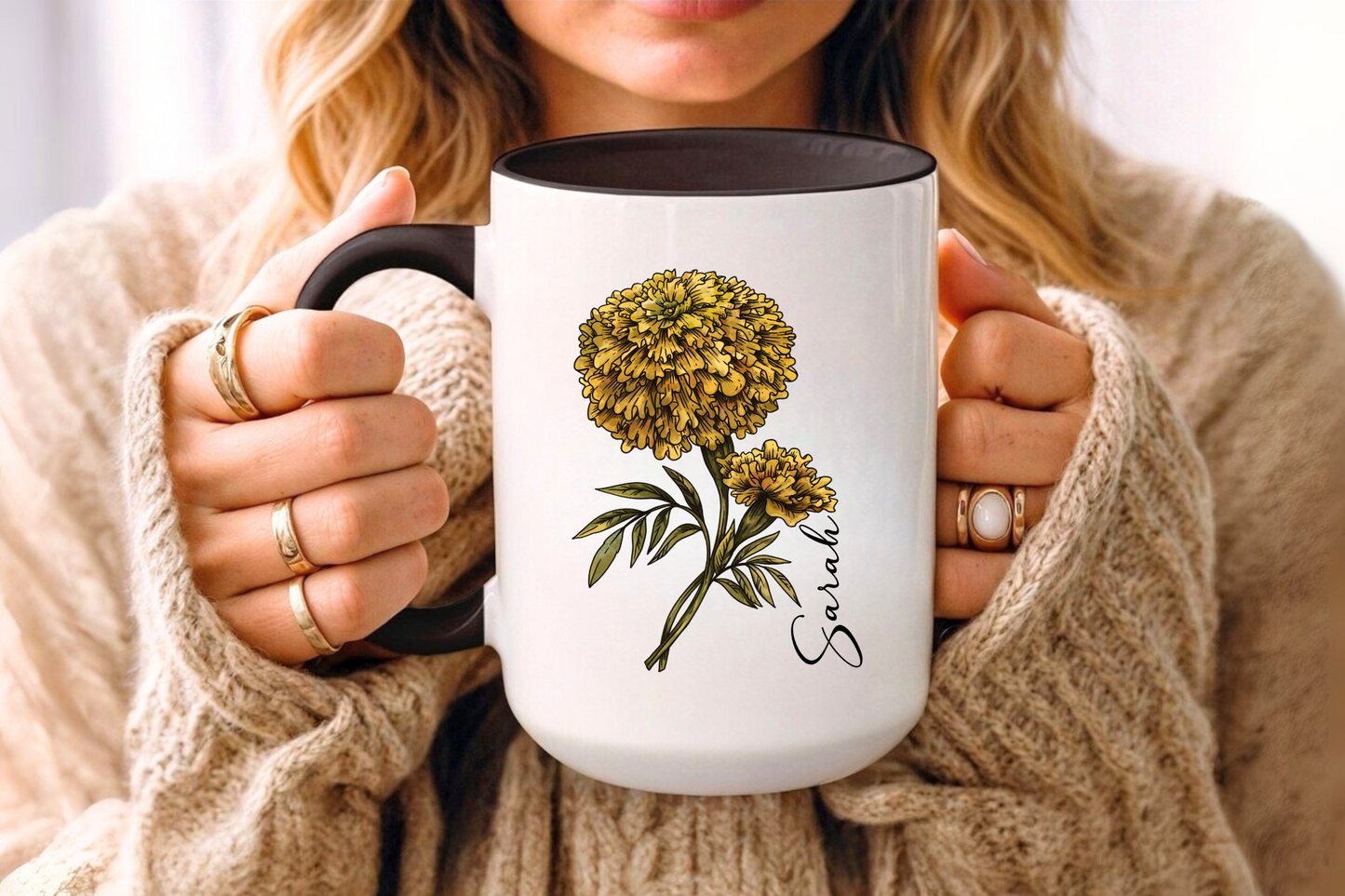 October Birth Flower Marigold Mug 11oz 15oz Personalized Floral Coffee Cup Birthday Gift for Her Custom Ceramic Autumn Flower Mug