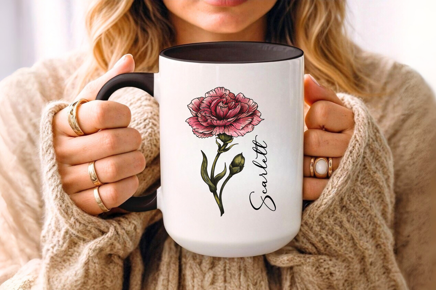 January Birth Flower Carnation Mug 11oz 15oz Personalized Floral Coffee Cup Birthday Gift for Her Ceramic Flower Name Custom Mug