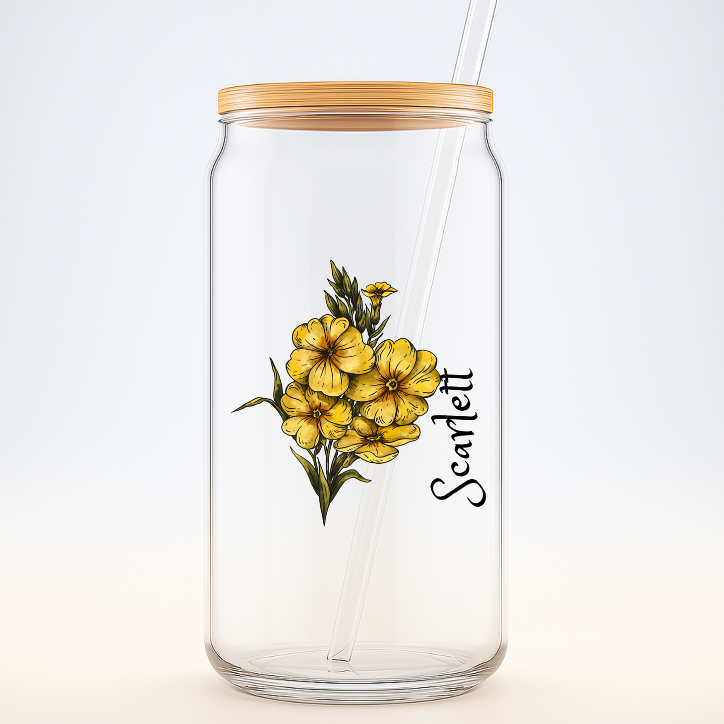 Sipper Glass, February Primrose Floral Mug, 16oz, Gift for February Birthdays, Floral Print Tea Cup, Botanical Glass, Birthday Gift for Her