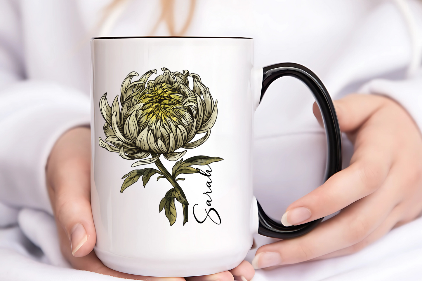 November Birth Flower Chrysanthemum Mug 11oz 15oz Personalized Floral Coffee Cup Birthday Gift for Her Ceramic Custom Name Mug