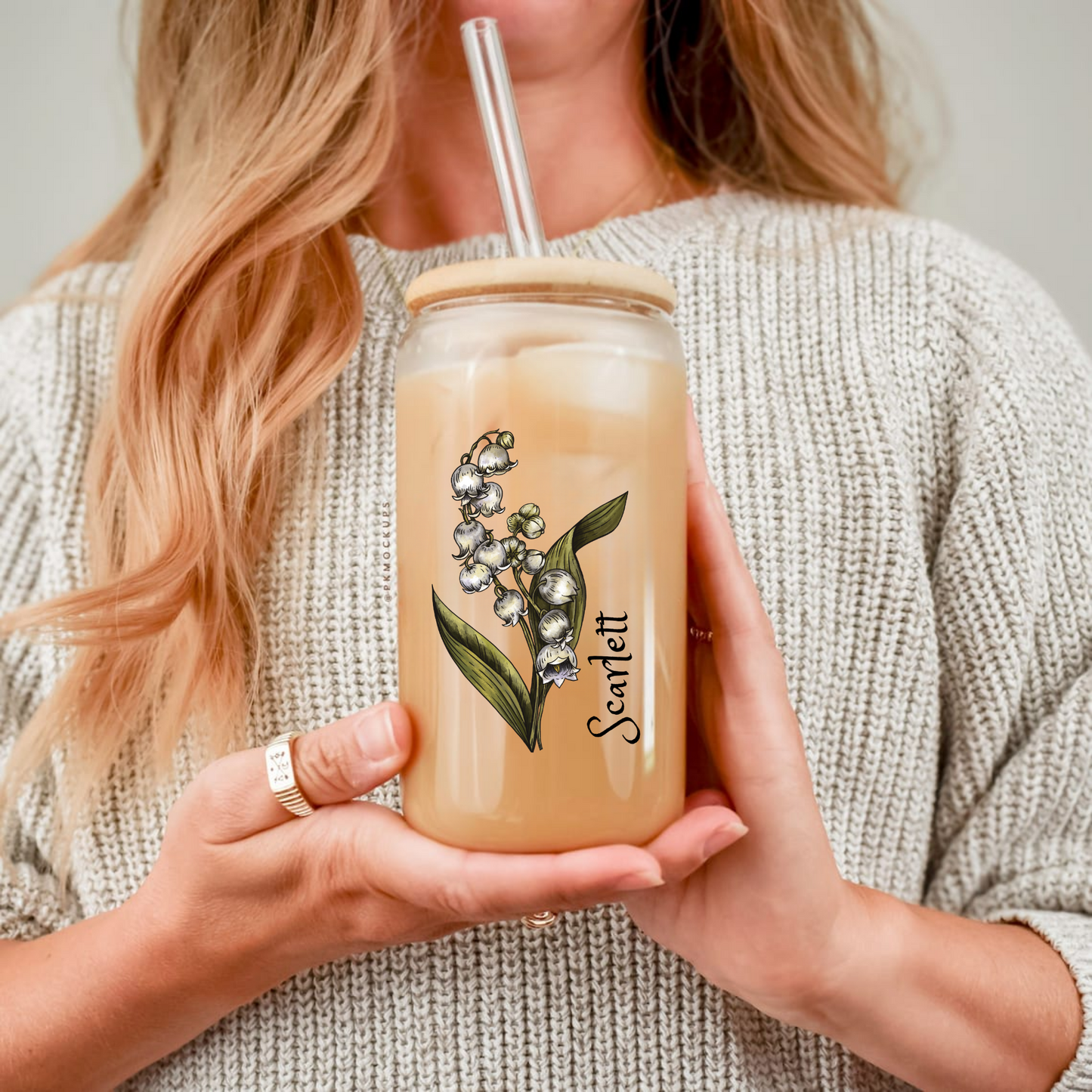 Sipper Glass, 16oz - Lily May Birth Flower, Floral Drinking Cup for Birthday Gift, Botanical Decor, Personalized Glassware, Unique Present,
