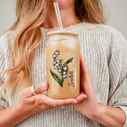 Sipper Glass, 16oz - Lily May Birth Flower, Floral Drinking Cup for Birthday Gift, Botanical Decor, Personalized Glassware, Unique Present,