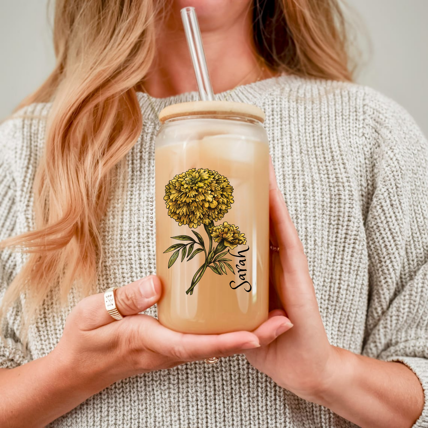 Sipper Glass, 16oz - Marigold October Birth Flower Drinkware, Floral Design, Birthday Gift, Home Decor, Gift for Her, Botanical Glassware