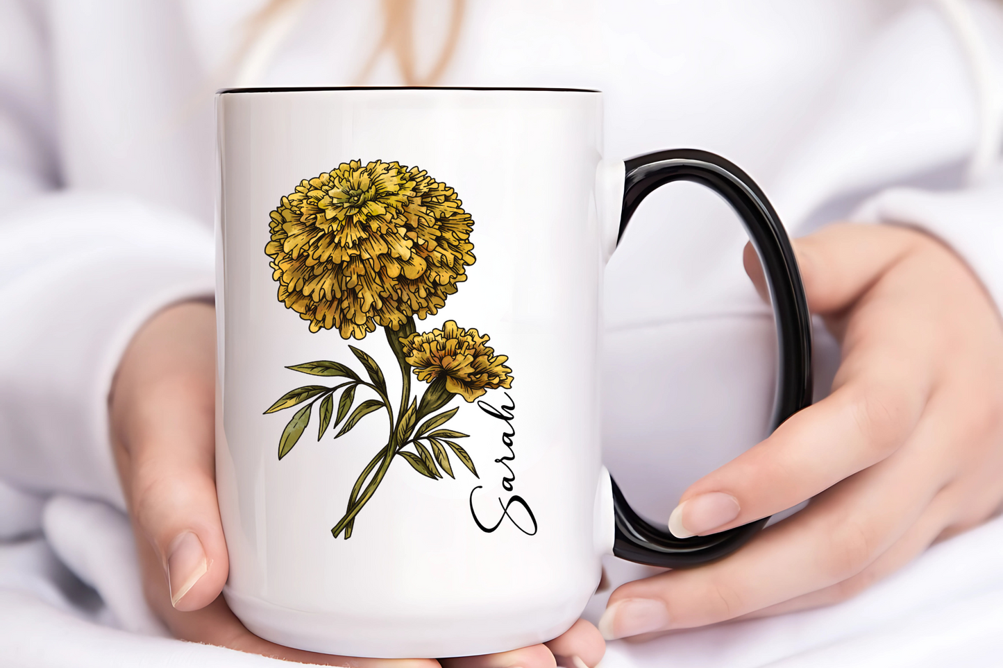 October Birth Flower Marigold Mug 11oz 15oz Personalized Floral Coffee Cup Birthday Gift for Her Custom Ceramic Autumn Flower Mug