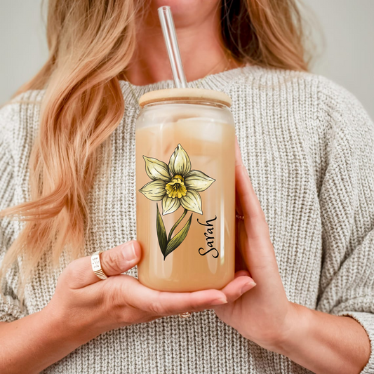 December Birth Flower Sipper, Narcissus Floral Glass, Personalized December Gift, Monthly Flower Sipper, Winter Birthday Cup, 16oz Glass