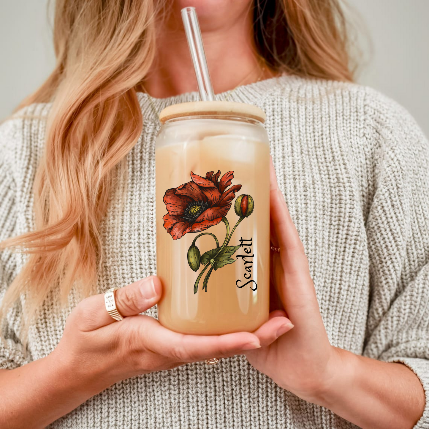 Sipper Glass, August Birth Flower, Poppy Floral Design, 16oz Drinkware, Birthday Gift, Coffee Mug, Tea Cup, Home Decor, Kitchenware