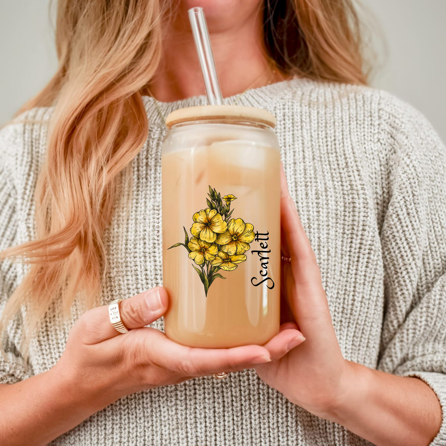 Sipper Glass, February Primrose Floral Mug, 16oz, Gift for February Birthdays, Floral Print Tea Cup, Botanical Glass, Birthday Gift for Her
