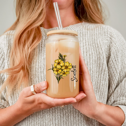 Sipper Glass, February Primrose Floral Mug, 16oz, Gift for February Birthdays, Floral Print Tea Cup, Botanical Glass, Birthday Gift for Her