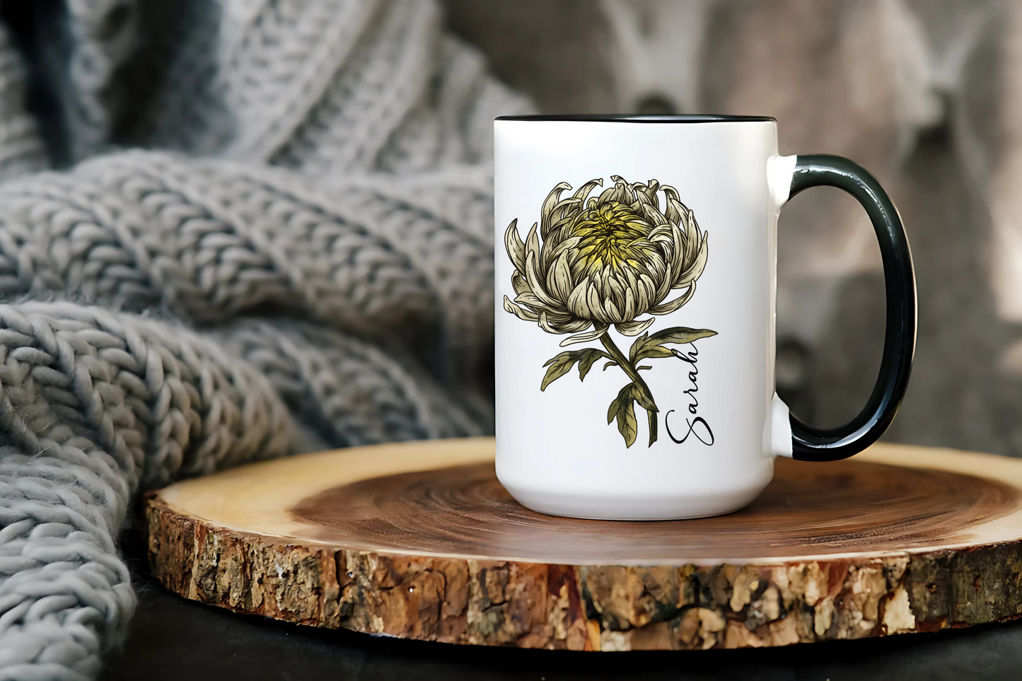 November Birth Flower Chrysanthemum Mug 11oz 15oz Personalized Floral Coffee Cup Birthday Gift for Her Ceramic Custom Name Mug