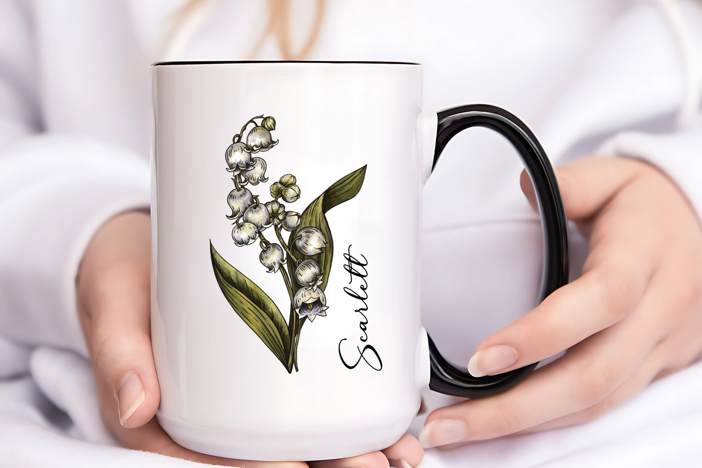 May Birth Flower Lily Mug 11oz 15oz Personalized Floral Coffee Cup Birthday Gift for Her Custom Ceramic Flower Name Mug