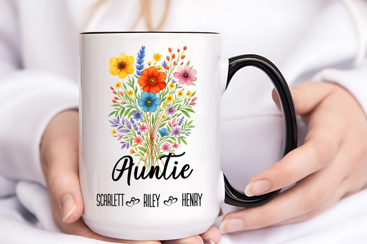 Auntie Mug 11 oz and 15 oz Personalized Gift for Aunt Cute Coffee Cup for Her Custom Name Present for Birthday Baby Reveal