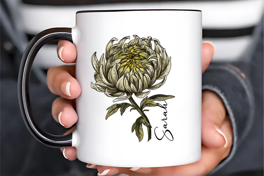 November Birth Flower Chrysanthemum Mug 11oz 15oz Personalized Floral Coffee Cup Birthday Gift for Her Ceramic Custom Name Mug