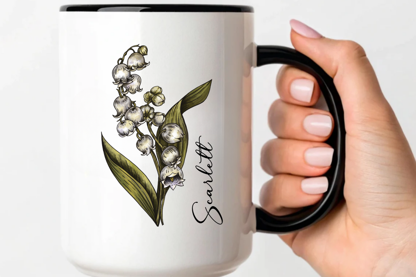 May Birth Flower Lily Mug 11oz 15oz Personalized Floral Coffee Cup Birthday Gift for Her Custom Ceramic Flower Name Mug