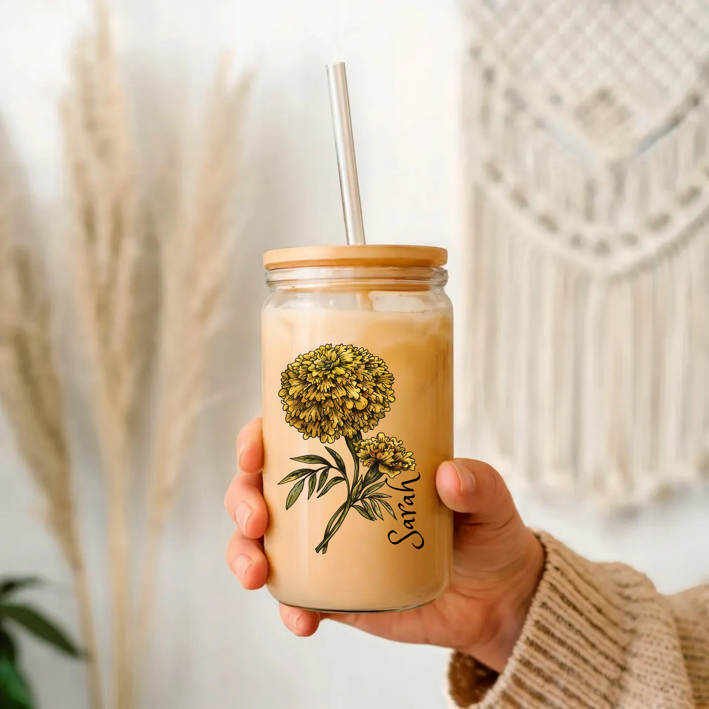 Sipper Glass, 16oz - Marigold October Birth Flower Drinkware, Floral Design, Birthday Gift, Home Decor, Gift for Her, Botanical Glassware