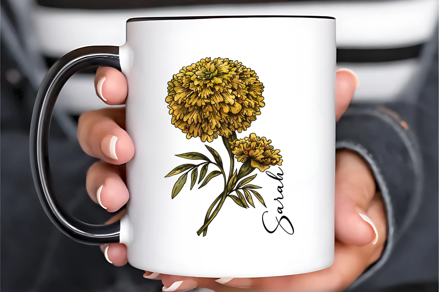October Birth Flower Marigold Mug 11oz 15oz Personalized Floral Coffee Cup Birthday Gift for Her Custom Ceramic Autumn Flower Mug
