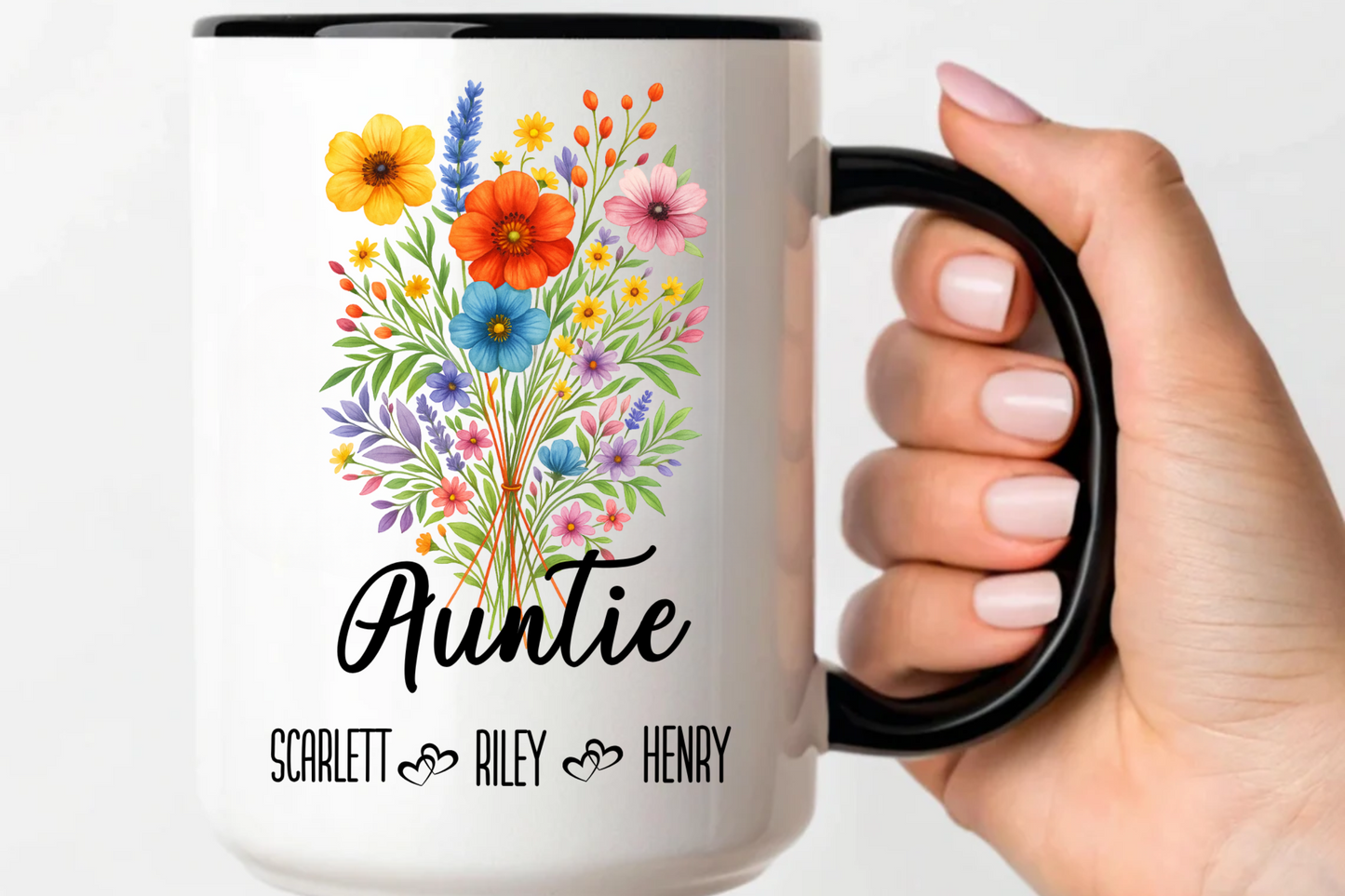 Auntie Mug 11 oz and 15 oz Personalized Gift for Aunt Cute Coffee Cup for Her Custom Name Present for Birthday Baby Reveal