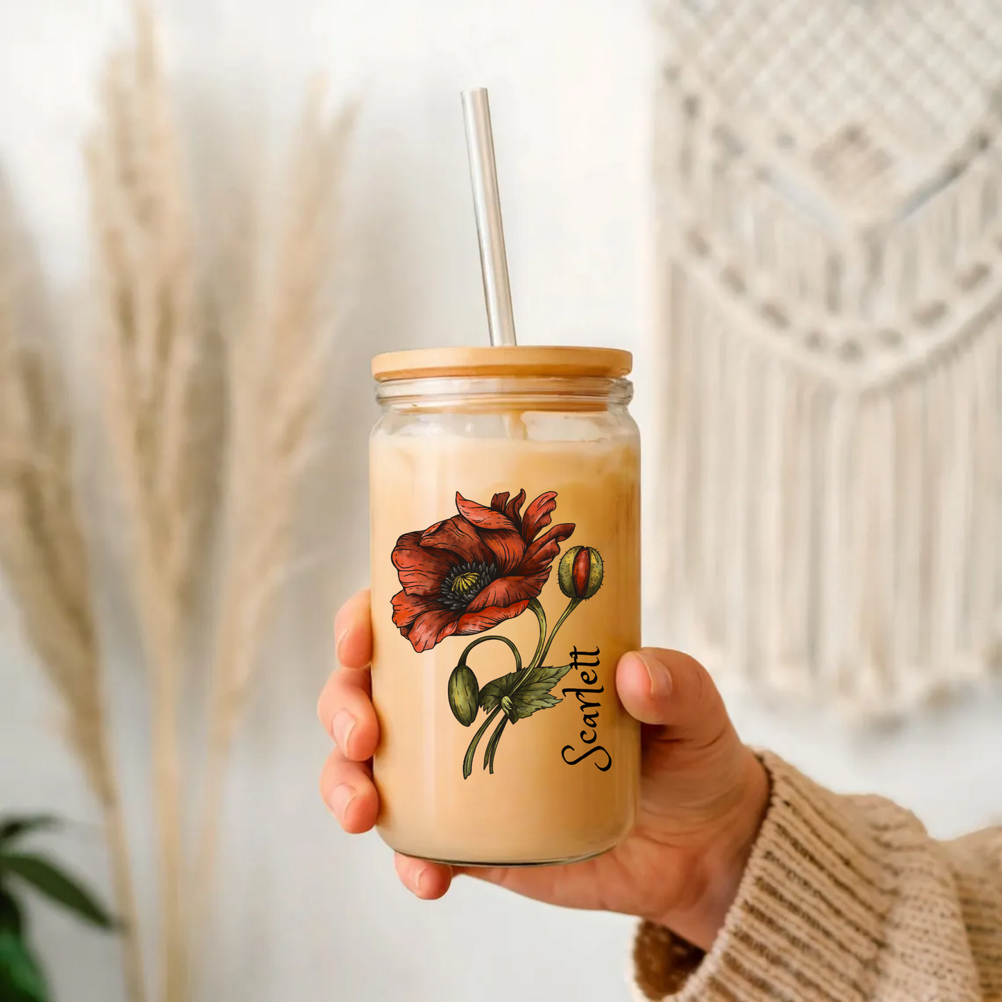 Sipper Glass, August Birth Flower, Poppy Floral Design, 16oz Drinkware, Birthday Gift, Coffee Mug, Tea Cup, Home Decor, Kitchenware