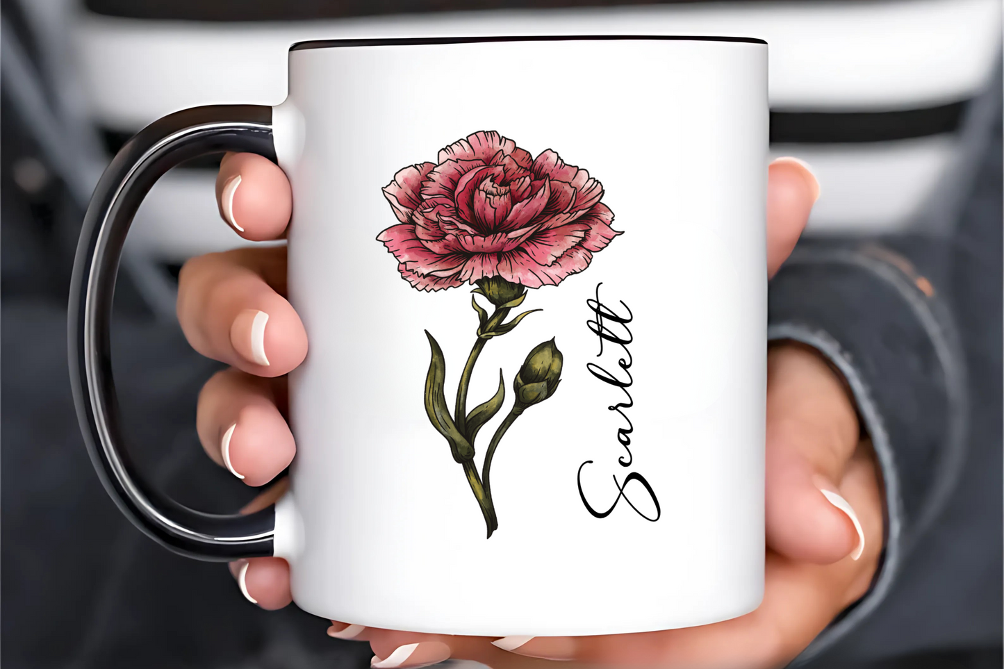 January Birth Flower Carnation Mug 11oz 15oz Personalized Floral Coffee Cup Birthday Gift for Her Ceramic Flower Name Custom Mug