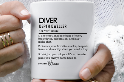Diver Dictionary Mug, Funny Depth Dweller Coffee Cup, Custom Ocean Lover Mug Gift, Colorful Mugs (11oz, 15oz), Scuba Diver Gift