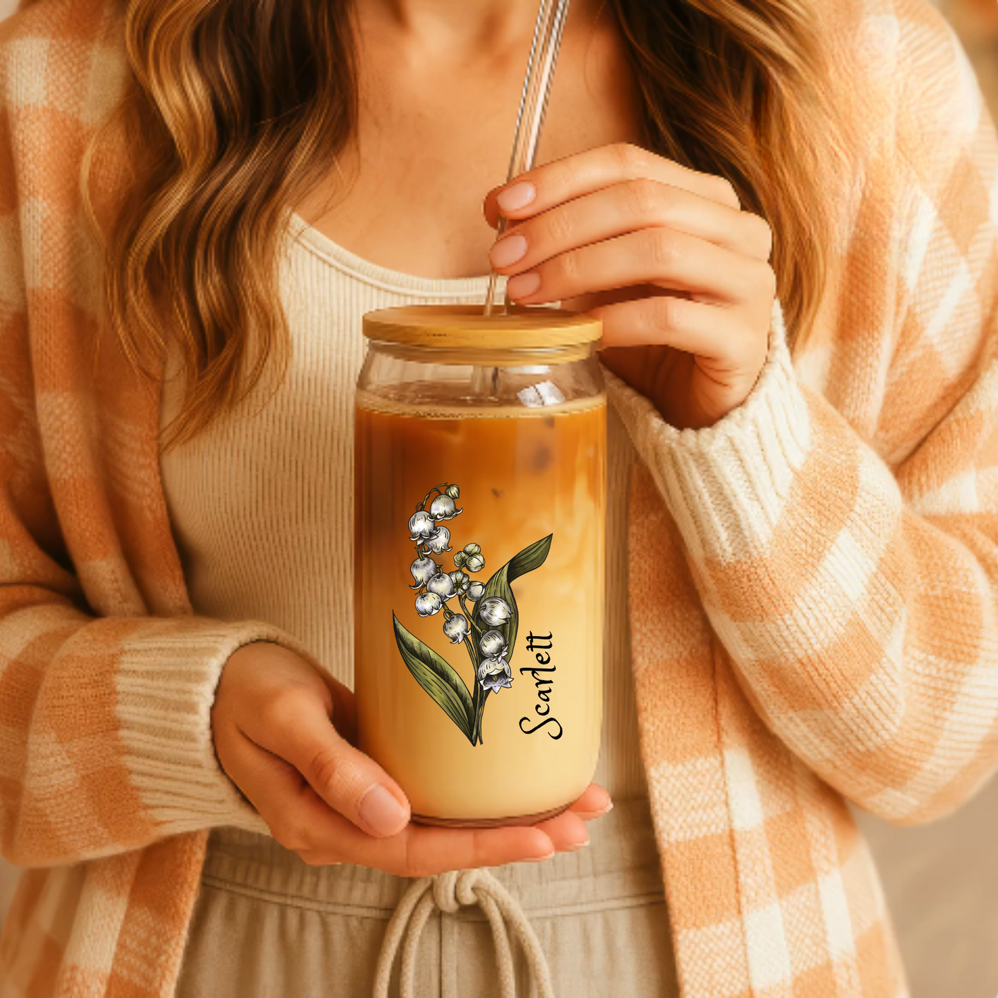 Sipper Glass, 16oz - Lily May Birth Flower, Floral Drinking Cup for Birthday Gift, Botanical Decor, Personalized Glassware, Unique Present,