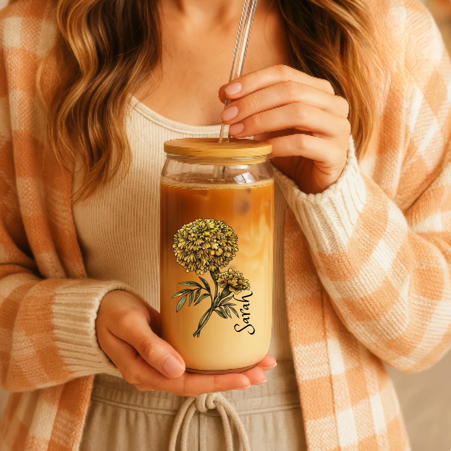 Sipper Glass, 16oz - Marigold October Birth Flower Drinkware, Floral Design, Birthday Gift, Home Decor, Gift for Her, Botanical Glassware