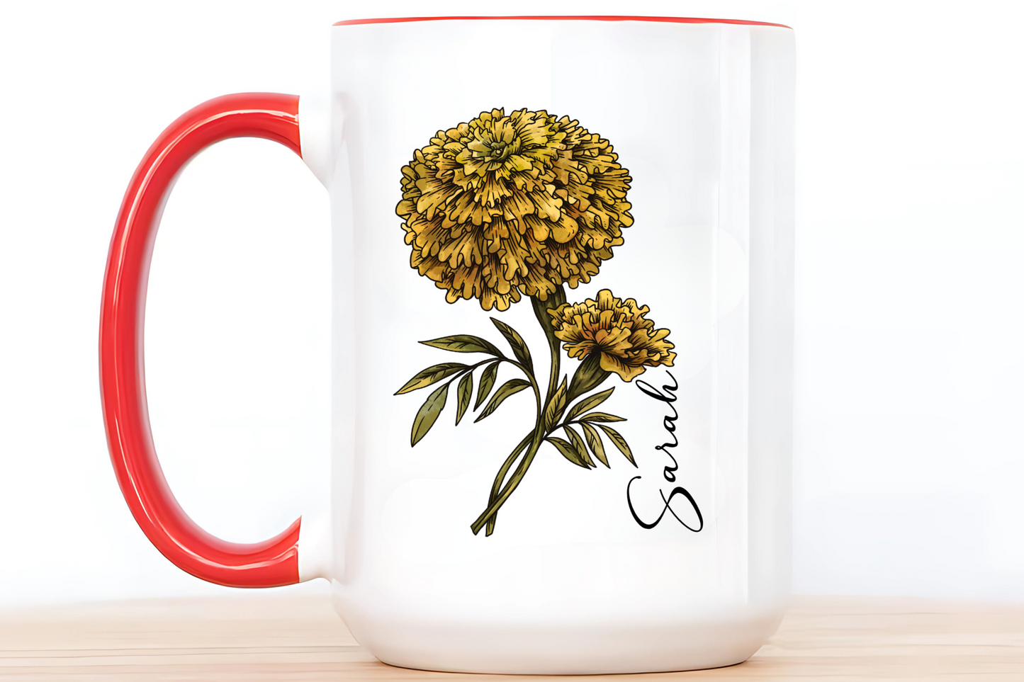 October Birth Flower Marigold Mug 11oz 15oz Personalized Floral Coffee Cup Birthday Gift for Her Custom Ceramic Autumn Flower Mug