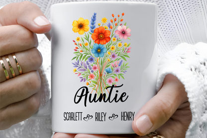 Auntie Mug 11 oz and 15 oz Personalized Gift for Aunt Cute Coffee Cup for Her Custom Name Present for Birthday Baby Reveal