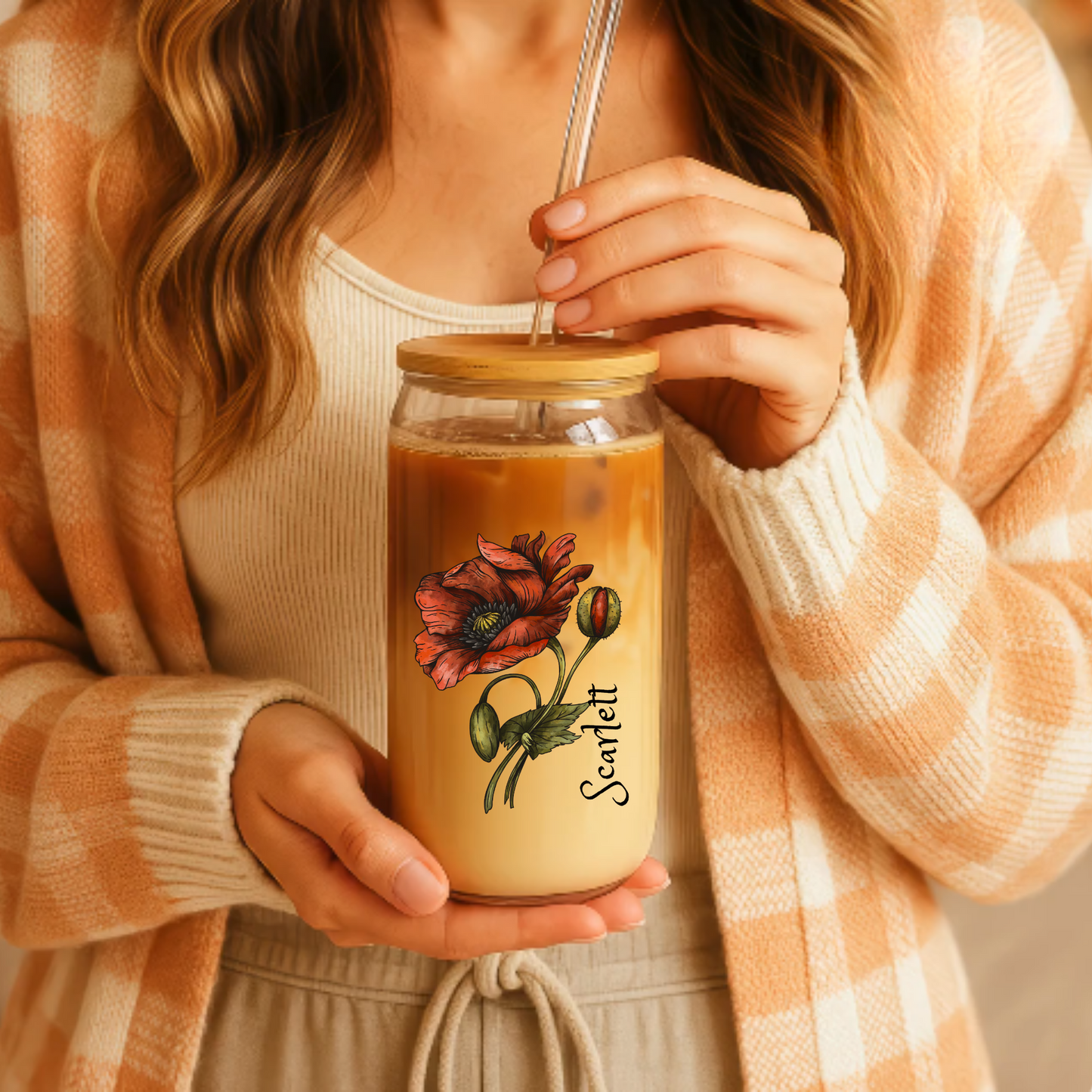 Sipper Glass, August Birth Flower, Poppy Floral Design, 16oz Drinkware, Birthday Gift, Coffee Mug, Tea Cup, Home Decor, Kitchenware
