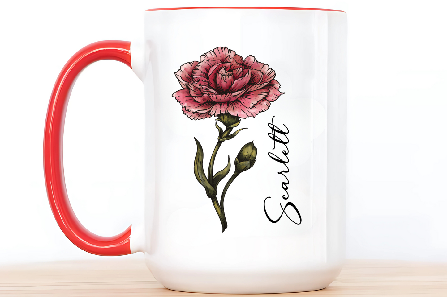 January Birth Flower Carnation Mug 11oz 15oz Personalized Floral Coffee Cup Birthday Gift for Her Ceramic Flower Name Custom Mug